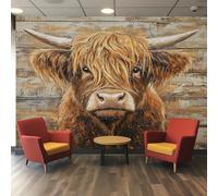 Generico Carta da Parati Mucca Highlander, Fotomurale Asse di Legno Rustico per Camera da Letto Decorazioni Parete, Carta Parati Effetto Decorativi Wallpaper, 366 x 254 cm D&O19