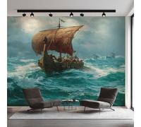 Generico Carta da Parati Nave Vichinga, Fotomurale Paesaggio Marino Temporale per Camera da Letto Decorazioni Parete, Carta Parati Effetto Decorativi Wallpaper, 200 x 140 cm D&O102