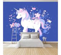 Generico Carta da Parati Professionale 150 x 105 cm in TNT, Carta da Parati Resistente allo Sporco per Cucina e Sala da Pranzo, Decorazione Fotomurale Parete Blu Cartoni Animati Fiabe Unicorni Fiori