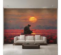 Generico Carta da Parati Samurai Giapponese, 366X250cm, Carta da Parati Tessuto Non Tessuto Tramonto Asiatico Fiore Rosso, Camera da Letto Decorazioni Parete Soggiorno Decorazione Cucina Décor EL&D54