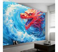 Generico Carta Da Parati Temi Fumetto - 400 x 280 cm 3D Effetto Carta Da Parati Non Tessuto Decorazioni Per Soggiorno Camera Da Letto, Onde Dell'Oceano Un Drago Gigante Motivo Murales