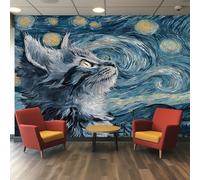 Generico Carta da Parati Van Gogh Gatto, 366X250cm, Carta da Parati Tessuto Non Tessuto Gattino Carino Notte Stellata, Camera da Letto Decorazioni Parete Soggiorno Decorazione Cucina Décor D18