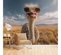 Generico Carta Parati Camera Da Letto Commedia Struzzo, Quadri Carta Da Parati Fiori Animale Divertente 300X210cm Aggiorna Lo Stile Della Casa Copre Le Imperfezioni Del Muro Traspirante E