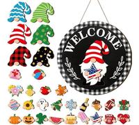 Genérico Cartello di benvenuto intercambiabile per porta d'ingresso, decorazioni in legno intercambiabili, decorazione della casa con parti magnetiche e cappelli rimovibili | per giardino portico di