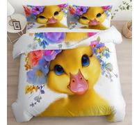 Generico Cartone Animato Fiori Anatra Copripiumino Stampa 3D Con Federe, Biancheria Da Letto Reversibile, Copripiumone Morbido Facile Da Pulire Bianco 135 X 200 Cm