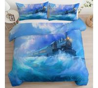 Generico Cartone Animato Treno Onde Copripiumino Stampa 3D Biancheria Da Letto Reversibile, Copripiumone Morbido Facile Da Pulire Blu Scuro 150 X 220 Cm Per Bambini Ragazzi Ragazze Adolescenti