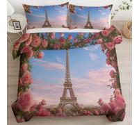 Generico Cartoni Animati Copripiumino 200 x 200 cm Morbida Microfibra Parure Copripiumino, Cornice Di Rose Torre Eiffel Stampa Blu di Biancheria da Letto per Giovani e Adulti con due Federe