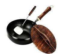 Generico Cast Iron Skillet, Uncoated Japanese Pure Iron Skillet With Wooden Lid, 9.5/11in Non-stick & Hand-Forged Large Belly Pot Works for Various Kitchen Cooking Styles (11in/28cm)