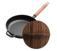 Generico Cast Iron Skillet with Lid - Wooden Handle Portable Pot