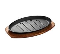 Generico Cast Iron Steak Plate, Oval Bbq Serving Platter, 10x7 Inch Sizzling Pan with Wooden Base, Heavy Duty Grilling Server, Restaurant Supply with Rustic Style, Kitchen Tool for Cooking Serving