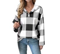Generico casual a quadri oversize a maniche lunghe con mezzi bottoni,Felpa con cappuccio da donna