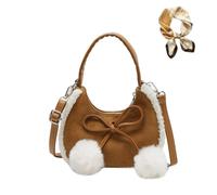 Generico Casual Suede Plush Crossbody Bag with Bow,Mini Suede Shoulder Bag for Women,Winter Retro Adjustable Handbag for Daily Wear