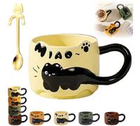Generico Cat Cat Stacked Cup, Cute Stackable Coffee Mugs, with Funny Cartoon Cats Designs, 4 Styles Cute Ceramic Feline Coffee Mugs with Spoon, Gifts for Catlovers Women (Yellow)