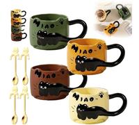 Generico Cat Cat Stacked Cup, Cute Stackable Coffee Mugs, with Funny Cartoon Cats Designs, 4 Styles Cute Ceramic Feline Coffee Mugs with Spoon, Gifts for Catlovers Women (MIX)