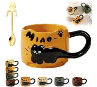Generico Cat Cat Stacked Cup, Cute Stackable Coffee Mugs, with Funny Cartoon Cats Designs, 4 Styles Cute Ceramic Feline Coffee Mugs with Spoon, Gifts for Catlovers Women (Orange)