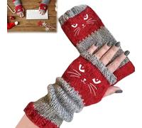 Generico Cat Embroidery Splicing Knitted Gloves, Fashion Leaky Finger Casual Women's Glove, Cute Warm Soft Gloves for Everyday Wear