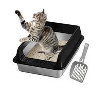 Generico Cat Litter Box - 1* Stainless Steel Potty Tray - 40x30x16cm High-Sided Kitten Waste Box - Easy-Clean | Pet Accessories With Scoop For Large, Medium Cats, Balcony, Terrace, Apartment & Garden