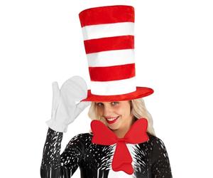Generico Cat Top Hat Costume - Red White Striped Hat with Gloves & Bowtie | Cosplay Accessories for Adults & Kids, Halloween Party Props for Men Women Boys Girls Festival Events
