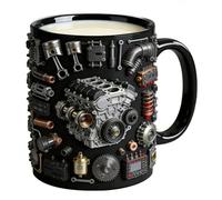 Generico Ceramic Mug - Realistic Mechanical Engine Coffee Cup | 3D Piston & Gear Design With Anti-Slip Handle, Novelty Motor Gift For Car Lovers, Husband & Men, 15oz, Silver & Black
