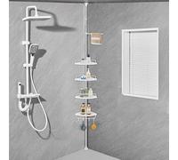Generico Cestello doccia telescopico con 4 vassoi, 4 ganci e 1 asta porta asciugamani regolabile per l'organizzazione del bagno, Antiruggine, adatto per soffitti da 70 a 330 cm di altezza, bianco