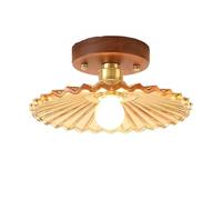 Generico Chinese Style Solid Wood Corridor Ceiling Lamp Amber Glass Semi Flush Mount Ceiling Light Round Ribbed Shade for Bedroom