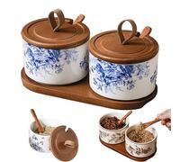 Generico Chinese Theme Floral Spice Jar Set, Home Ceramic Seasoning Dispenserispenser, Kitchen Seasoning Box With Lid And Spoon (#B,2PCS)