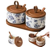Generico Chinese Theme Floral Spice Jar Set, Home Ceramic Seasoning Dispenserispenser, Kitchen Seasoning Box With Lid And Spoon (#C,2PCS)