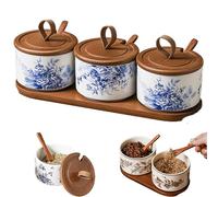 Generico Chinese Theme Floral Spice Jar Set, Home Ceramic Seasoning Dispenserispenser, Kitchen Seasoning Box With Lid And Spoon (#B,3PCS)