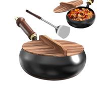 Generico Chinese wook - Iron Pot With Wooden Lid 24 Cm Japanese Hand Forged Big Belly Pot | Flat Bottom Iron Pan & Spatula For Home, Restaurant, Camping, BBQ