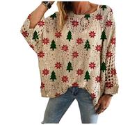 Generico Christmas Jumpers for Women, Christmas Crochet Sweaters, Xmas Print Pullover Knitwear Hollow Baggy Tops, Cozy Fall Sweater Pullover for Holiday Party (E,M)