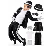 Generico Christmas Party Costume Vestito for Bambino, Pop Star | Set 6 Pezzi Con Giacca Nera Con Paillettes, Pantaloni, Cappello, Guanto - Spettacoli Halloween Christmas