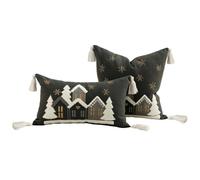 Generico Christmas Pillow Covers Set of 2, Embroidered Tree Snowflake House Design, 18x18 & 12x20 Inch, Farmhouse Winter Throw Pillowcases for Couch Sofa Bed Decor (Gray)