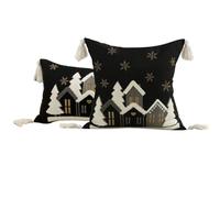 Generico Christmas Pillow Covers Set of 2, Embroidered Tree Snowflake House Design, 18x18 & 12x20 Inch, Farmhouse Winter Throw Pillowcases for Couch Sofa Bed Decor (Black)