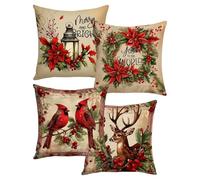 Generico Christmas Throw Pillow Covers - Festive Holiday Cushion Covers with Hidden Zipper, Set of 4 Red Linen, Soft Washable Fabric, Winter Decorative Accent for Home, Work, Apartment