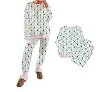 Generico Christmas Trees And Bows Pajama Set - 2 Piece Long Sleeve & Print Pjs, Cute Contrast Striped Banding Lounge for Xmas Party (Green,XXL)