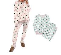 Generico Christmas Trees And Bows Pajama Set - 2 Piece Long Sleeve & Print Pjs, Cute Contrast Striped Banding Lounge for Xmas Party (Pink,M)