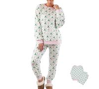 Generico Christmas Trees And Bows Pajama Set, Christmas Pajamas for Women, Long-Sleeve And Pants 2 Piece (Green,L)