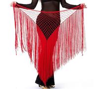Generico Cintura di Danza del Ventre Resistente Belly Dance Vestiti Accessori Pratica Stretchy Long Tassel Triangle Belt Hand Crochet Sciarpa Anca(Black Red)