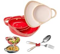 Generico Ciotola per Zuppe E Sandwich, Set Piatto E Ciotola in Gres per Zuppa E Panino Con Manico Retrò, Facile Da Pulire per Casa E Ristorante(Beige and red)