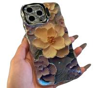 Generico Classy Floral Flowers Oil Painting Wavy for iPhone Case with Lens Holder, Vintage high-end oil painting peony Soft Back Cove Case for iPhone 13 14 15 16 (15promax,F)