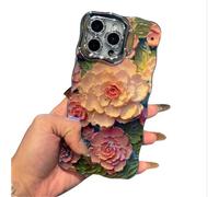 Generico Classy Floral Flowers Oil Painting Wavy for iPhone Case with Lens Holder, Vintage high-end oil painting peony Soft Back Cove Case for iPhone 13 14 15 16 (14,E)