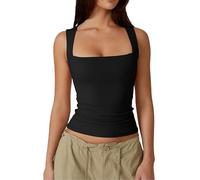 Generico Cleargget Tank Top, Women's Padded Square Neck Basic Slim Sleeveless Double-Layer Vest (Black,S)