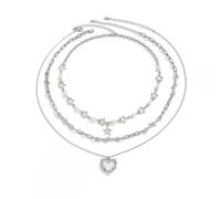 Generico Collana a forma di stella e cuore a strati da donna-Collane con catena di perle punk in tono argento, gioielli gotici per abbigliamento quotidiano