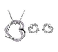 Generico Collana alla clavicula con ciondolo a forma di doppio cuore di cristallo tempestato di strass alla moda set di due orecchini gioiello regalo commemorativo d'amore per catturare il tuo cuore