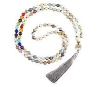 Generico Collana Con 108 Perle Di Preghiera Mala Annodate A Mano, Con Nappa Lunga, Collana Di Perline Di Cristallo Curative Colorate E Ciondolo Con Albero Della Vita, Per Uomo E Donna, Amazzonite