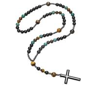 Generico Collana Con Ciondolo A Croce In Cristallo E Pietre Preziose Da Uomo, Per Donne E Uomini, Rosario In Onice Nero/Turchese Blu/Occhio Di Tigre, Gioielli Religiosi, Regali, Turchese Blu