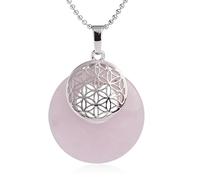 Generico Collana con Ciondolo Rotondo In Cristallo Naturale,Ciondolo A Forma Di Mandala Cavo con Catena In Perline D'Argento E Pietre Preziose Lucide,Per Donne E Uomini,In Quarzo Rosa.