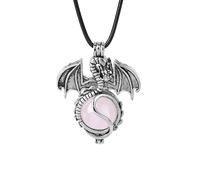 Generico Collana con Drago Da Uomo,Ciondolo In Pietra Naturale Rotonda con Cristallo E Catena In Pelle Nera,Girocollo con Ciondolo In Pietra Preziosa Lucidata per Donna E Uomo,Quarzo Rosa.