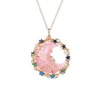 Generico Collana con Mezzaluna In Cristallo,Ciondolo A Forma di Ghirlanda di Stelle Dorate con Catena Dorata,Ciondolo con Pietra Preziosa Lucidata per Donna E Uomo,Quarzo Rosa