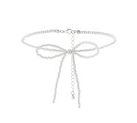 Generico Collana girocollo minimalista con perline di riso nero e fiocco per donna, uomo, collana corta gotica(White color)